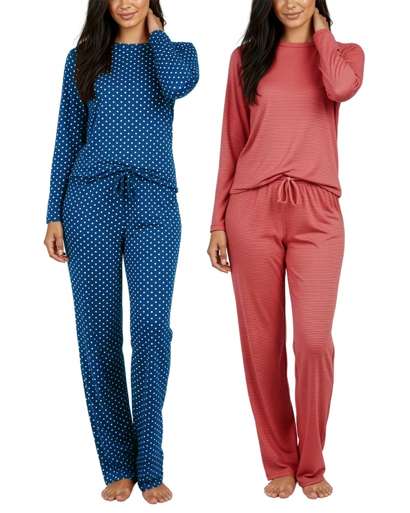 REALESSENTIALS Real Essentials 2 Pack: Women's Comfy Pajama Sets - Short & Long Sleeve Ladies Loungewear Sleepwear PJs (Set B Blue & Burgundy, Medium) - Image 1